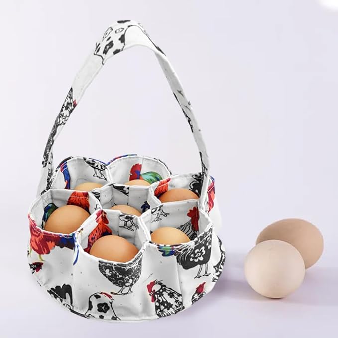 Egg Basket Canvas Collector, 7-Pouch with Padded Bottom, Portable Holder for Fresh Eggs, Chickens Ducks Geese, Backyard Poultry Farm, White