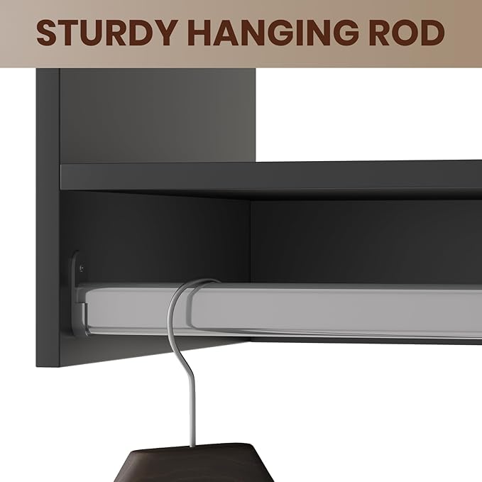 ROOMTEC Modular Closet System, 58" Wall-Mounted Closet Organizer with Drawers and Hanging Rods, Wooden Tower for Walk-In Closets, Wardrobe Storage Kit, Black