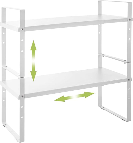 Across-Star Expandable Cabinet Shelf Organizer Rack, Stackable Kitchen Counter Storage Shelves Stand, Adjustable Height Pantry Shelf Spice Rack (White, 2 Pack)