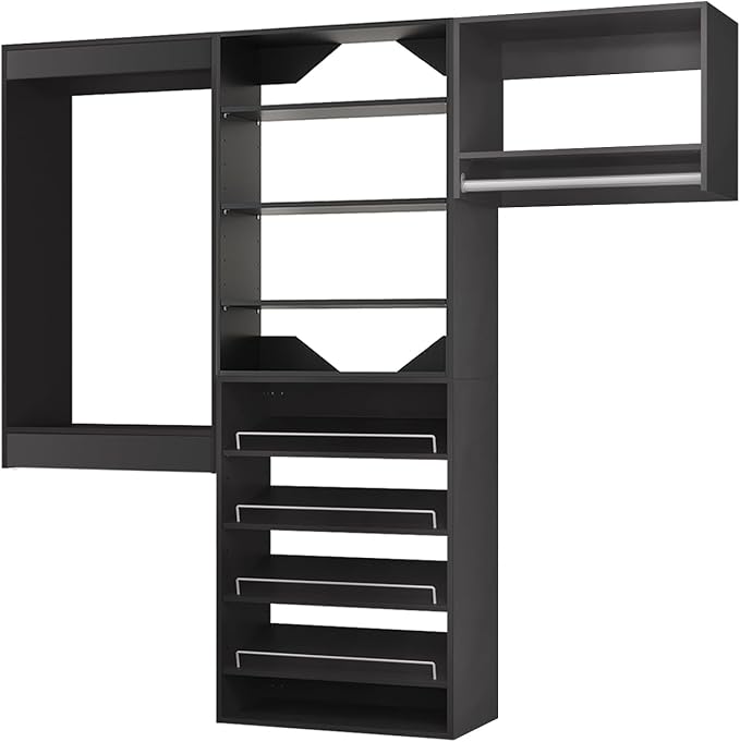 ROOMTEC Modular Closet System, 96" Wall Mounted Modern Closet Organizer with Hanging Rods and Shoe Shelf, Wooden Tower for Walk-In Closets, Wardrobe Storage Kit, Black