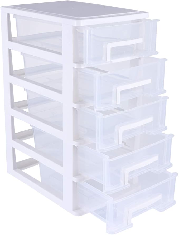 SAFIGLE Storage Drawer Organizer, 5 Drawer Plastic Storage Bins with Transparent Drawers, Vertical Design for Crafts, Stationary, Hardware, White, Polypropylene