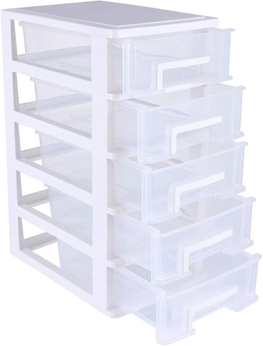 SAFIGLE Storage Drawer Organizer, 5 Drawer Plastic Storage Bins with Transparent Drawers, Vertical Design for Crafts, Stationary, Hardware, White, Polypropylene