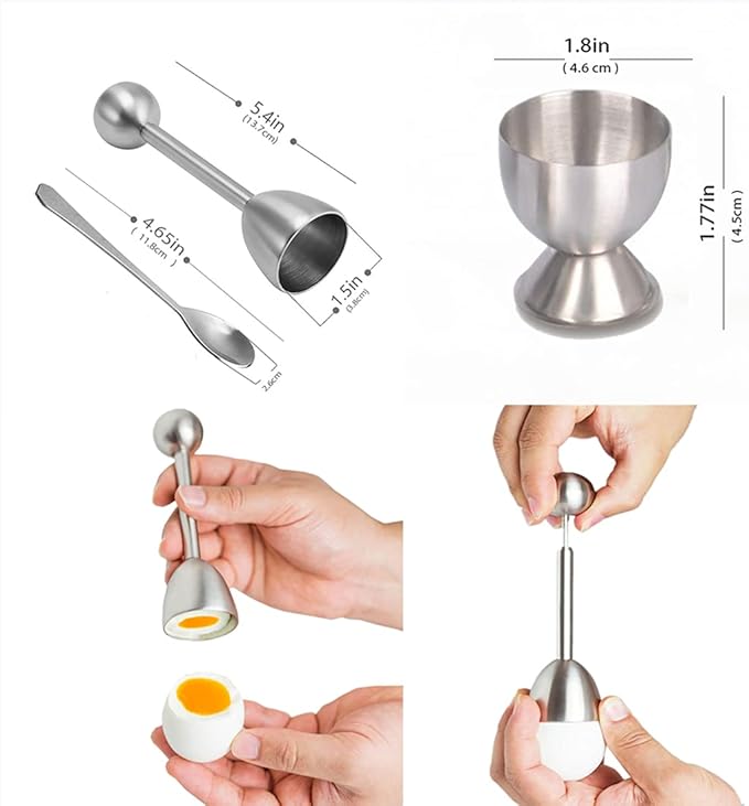 Xicennego Egg Cracker Topper Set of 5 - Includes 2 Egg Cups, 2 Spoons and 1 Cutter - Stainless Steel Easy Egg Opener
