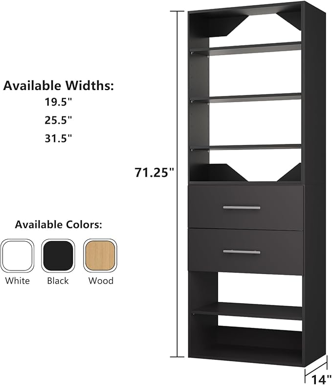 ROOMTEC Modular Closet System, 31.5" 2 Drawer Shelf Closet Tower Wall-Mounted Closet Organizer, Wooden Tower for Walk-In Closets, Wardrobe Storage Kit, Black