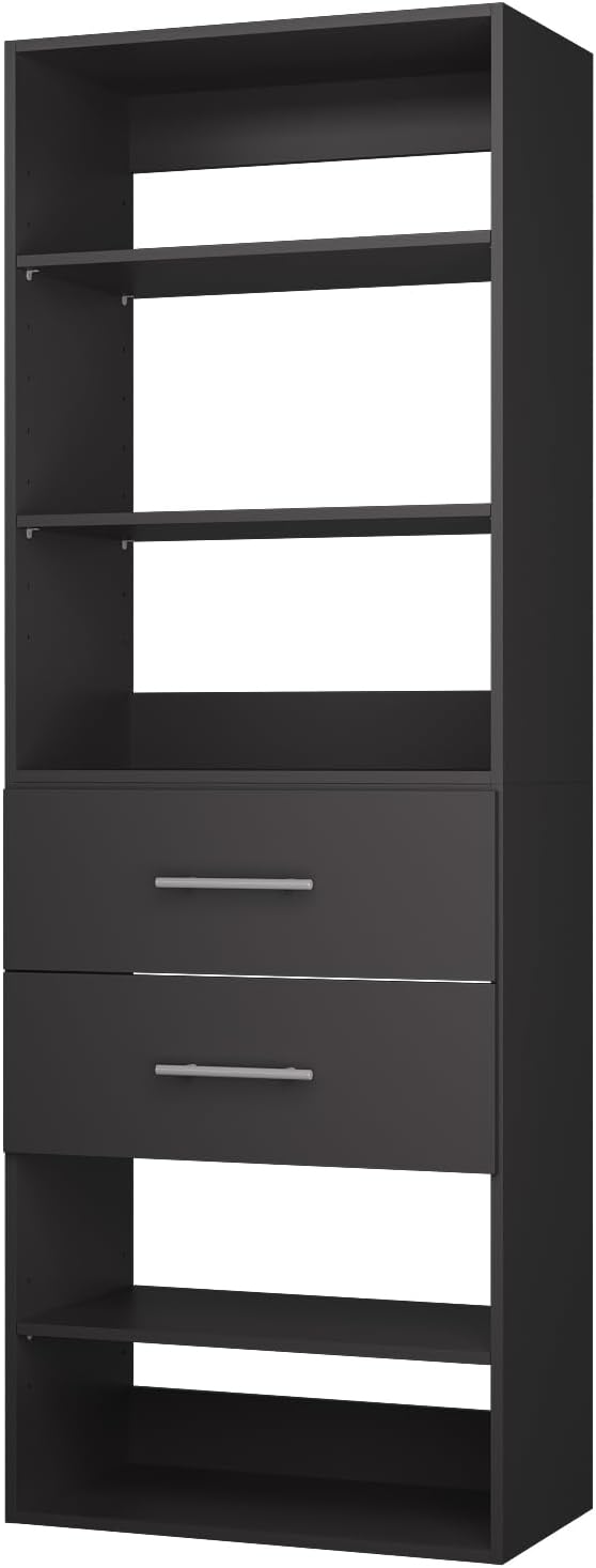 ROOMTEC Modular Closet System, 25.5" 2 Drawer Shelf Closet Tower Wall-Mounted Closet Organizer, Wooden Tower for Walk-In Closets, Wardrobe Storage Kit, Black