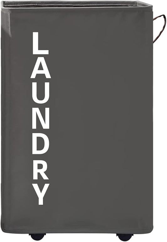 92L Extra Large Laundry Hamper with Leather Handle,Standable Laundry Basket with Wheels Laundry Hamper on Wheels,Large Hamper,Rolling Laundry Basket Grey