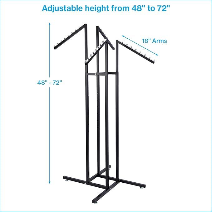 SSWBasics Black 4 Way Adjustable Clothing Rack with Slanted Arms - Retail Clothing Rack Display - Adjustable Height Arms from 48" to 72" Perfect for Clothing Stores