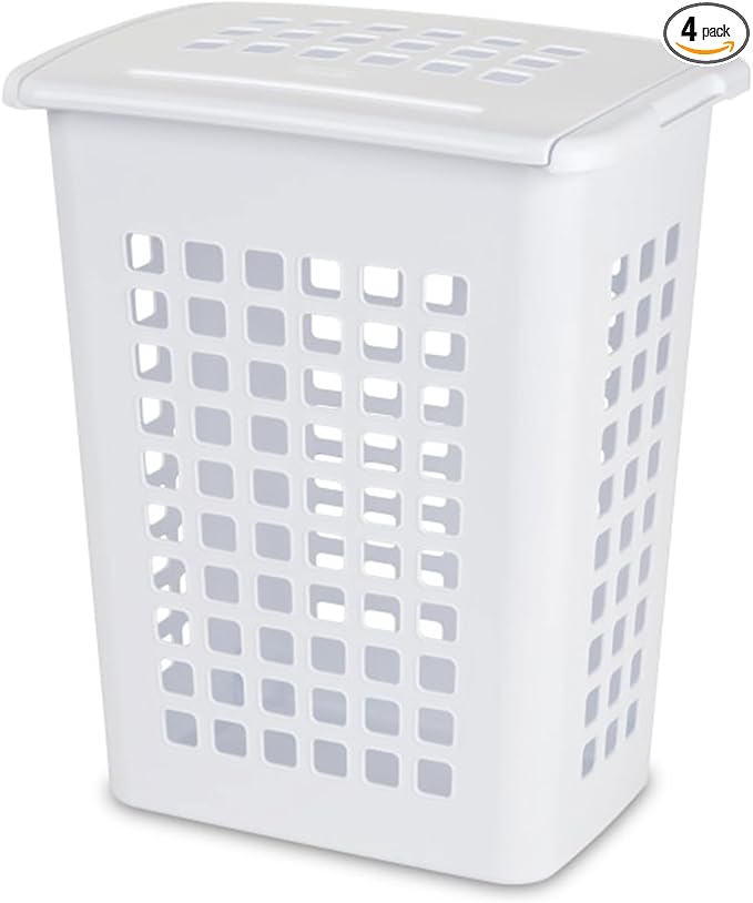 Sterilite 4-Pack LiftTop, Laundry Hamper for Clothes, Tall and Rectangular Plastic Basket with Lid, White - Large and Portable Storage Bin for Clothing and Towels - Ideal for Bathroom and Bedroom