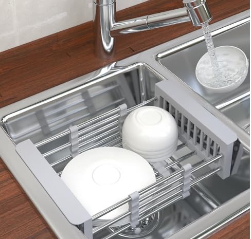 ASEANAO Stainless Steel Kitchen Drying Rack, Retractable Drain Basket with Adjustable Armrest, Over The Sink Dish Drying Rack (Black Small)
