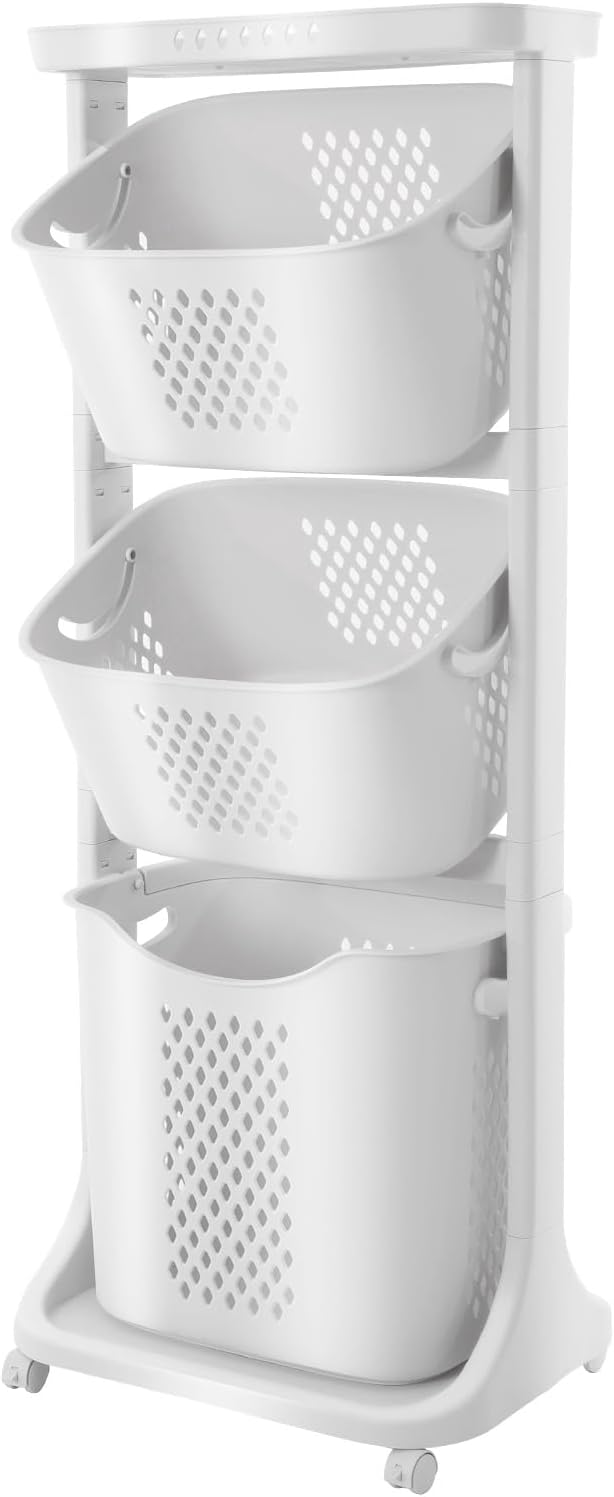Laundry Basket Organizer, 3-Tier Rolling Laundry Basket with Wheels, Laundry Hamper Sorter for Bathrooms, Bedrooms, Classrooms, Laundry Rooms Clothes Storage