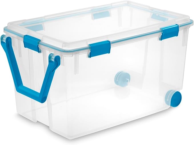 Sterilite 120 Qt Wheeled Gasket Box, Stackable Storage Bin with Latching Lid, Handle and Tight Seal, Plastic Container with Clear Base and Lid, 3-Pack
