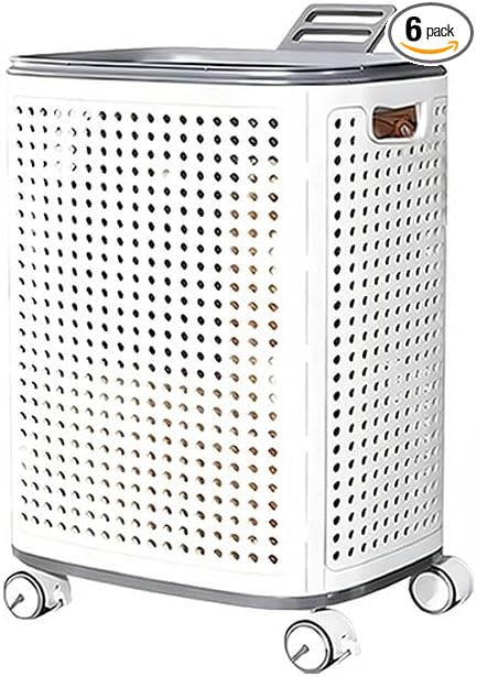 Rolling Laundry Hamper with Lid, Perforated Metal Design, L Size, Portable Handle, Smooth Edges, Ventilated Basket with Wheels, 23.8x16.7x12.9 Inches