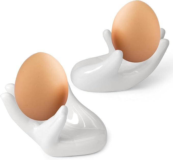 2 Pcs Creative Ceramic Egg Stands, Porcelain Egg Holders Hand Shaped Egg Cups Holder for Hard Boiled Eggs in Living Room, Restaurant and Dining Table for Breakfast, Display