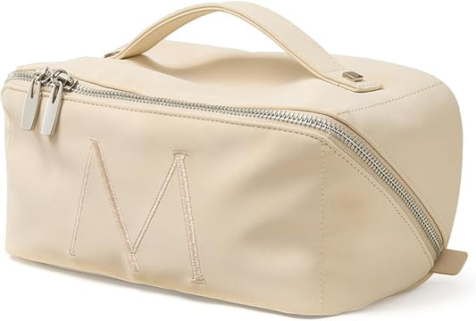 EACHY Travel Makeup Bag, Large Capacity Cosmetic Bag for Women, Waterproof PU Leather, Flat Open Portable Toiletry Bag for Skincare, Brushes & Travel Essentials