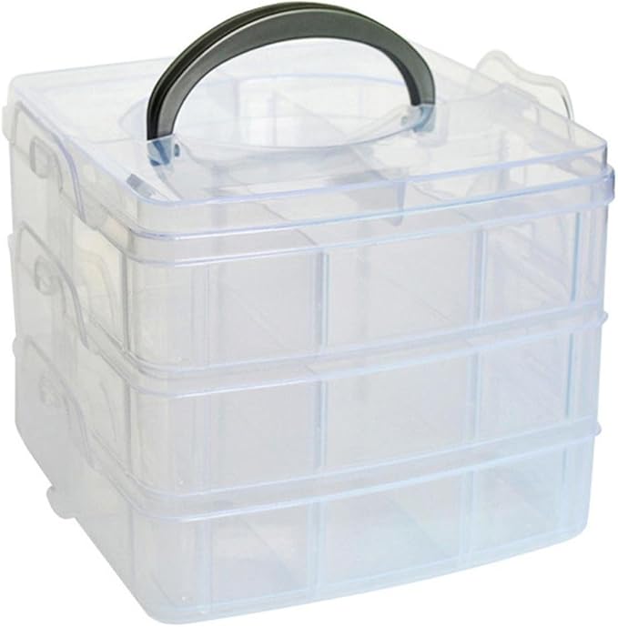 Kamay's 3-Tier Transparent Stackable Adjustable Compartment Slot Plastic Craft Storage Box Organizer Snap-lock Tray Container 3 Sizes 4 Candy Colors Available (Medium 18 Compartment, White)
