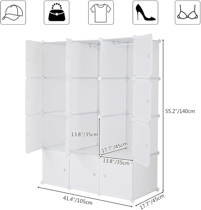 12 Cube Storage Organizer, Stackable Storage Shelves with Hanging Rod Customizable Closet Cabinet Durable Steel Frame Multi-Use DIY Design 13.8 inch Panels Max 10lb Capacity per Cube White