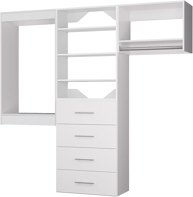 ROOMTEC Modular Closet System, 72" Wall Mounted Closet Organizer with Hanging Rods and Drawers, Modern Wooden Tower for Walk-In Closets, Wardrobe Storage Kit, White