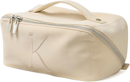 EACHY Travel Makeup Bag, Large Capacity Cosmetic Bag for Women, Waterproof PU Leather, Flat Open Portable Toiletry Bag for Skincare, Brushes & Travel Essentials