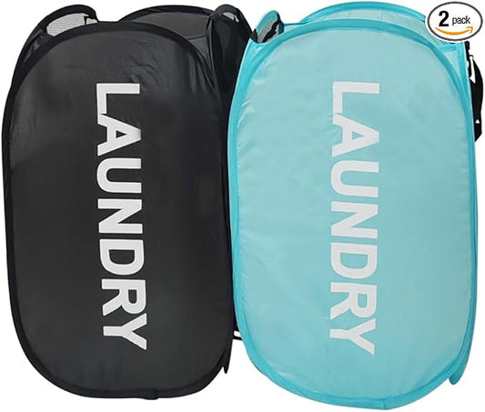 Larpur Pop Up Laundry Baskets, 2 Pack Mesh Laundry Hampers Collapsible Clothes Hampers for Home, Dorm, Travel (Black + Blue)