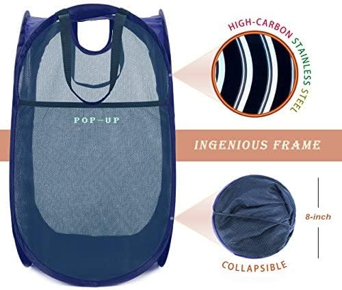 [Reinforced] Strong Mesh Pop-up Laundry Hamper,HOUSE AGAIN Quality Collapsible Laundry Basket with Durable Handles Solid Bottom High Carbon Steel Frame, Easy to Open and Fold Flat for Storage(Blue)