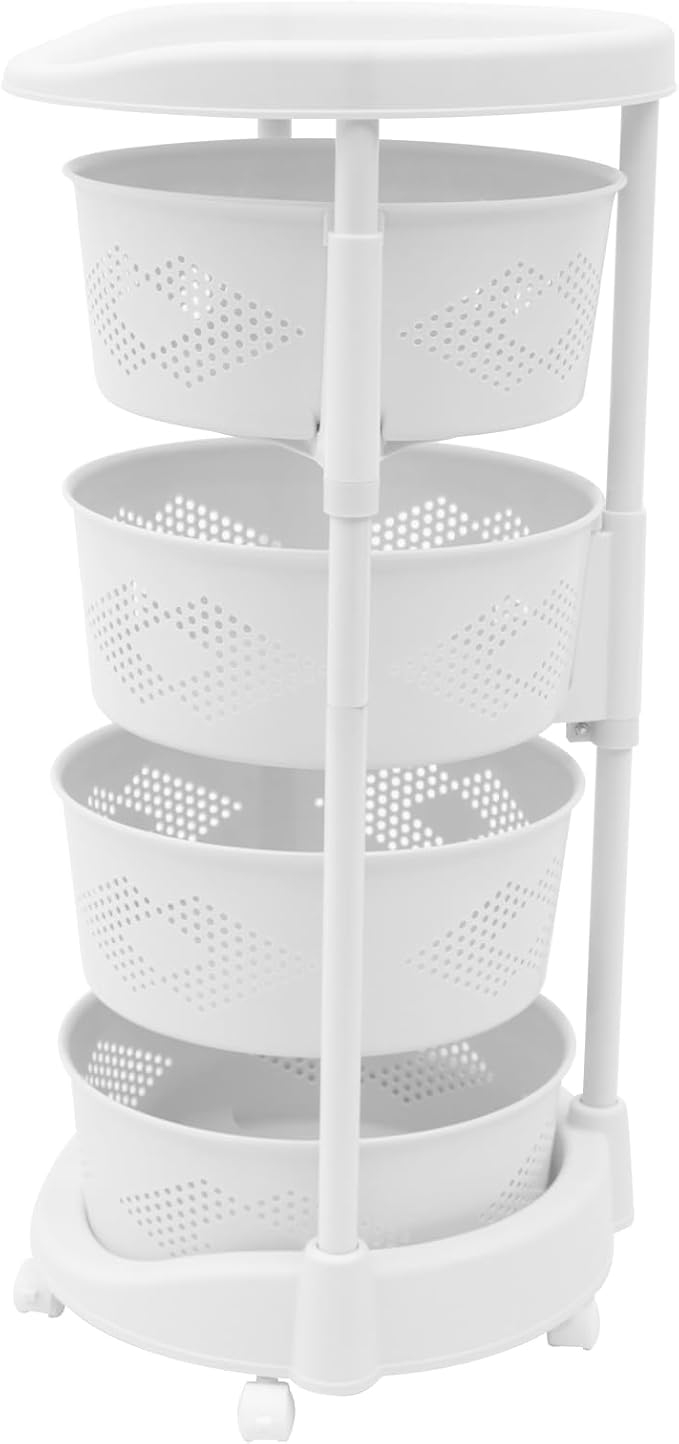 Fruit Basket for Kitchen, 4 Tier Circular Rotating Basket Large Storage Rack with Wheels, Standing Shelf Storage, Multi-Layer Storage Shelves with Top Lid for Living Room, Office, White (4-Tier)