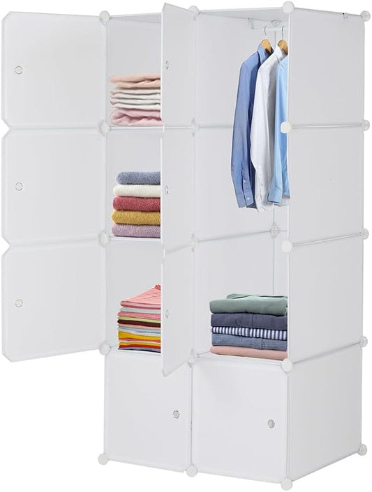 8 Cube Storage Organizer, Stackable Storage Shelves with Hanging Rod Customizable Closet Cabinet Durable Steel Frame Multi-Use DIY Design 13.8 inch Panels Max 10lb Capacity per Cube White