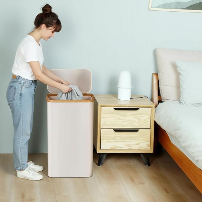 Fine Living 100L Large Laundry Hamper with Lid, Narrow Foldable Slim Laundry Basket with Removable Bag & Bamboo Handles, Skinny Tall Dirty Clothes Hamper for Dorm, Bathroom & Bedroom, Ivory