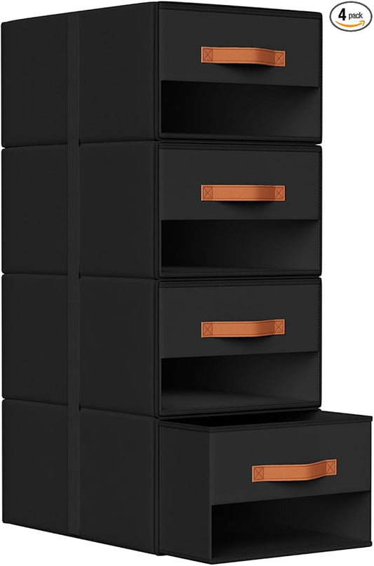 DIMJ Closet Organizers and Storage - Pull-out Fabric Bins with Drawers for Closet Foldable Clothes Organizers with Clear Window, Stackable Storage Drawers for Bedroom,Living Room,Shelf,4-Pack, Black