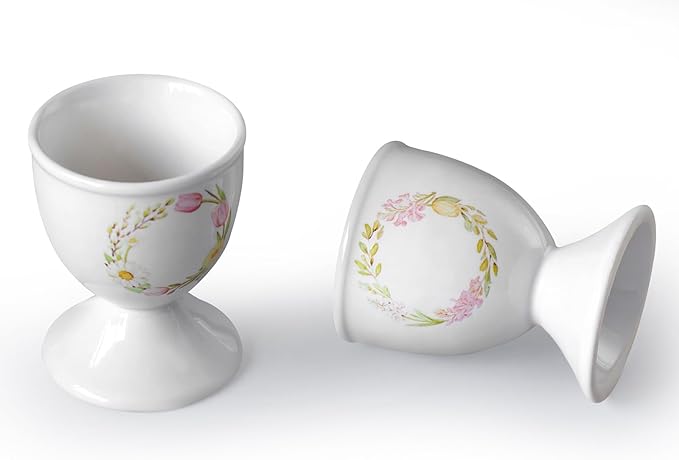 Cinf Ceramic Egg Cup Set of 2 Porcelain Holder Breakfast Boiled Cooking Easy to Clean Childhood Memories Kitchen(Floral)