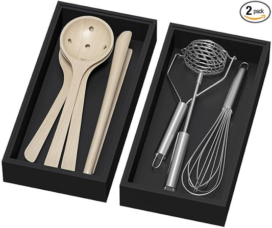 Lixple Bamboo Drawer Organizer, Cutlery Silverware Organizer for Kitchen Drawer, Stackable Utensil Organizer, 2 Pcs Flatware Organizer, Wooden Storage Box Tray (Black, 12 X 6 X 2 Inch)