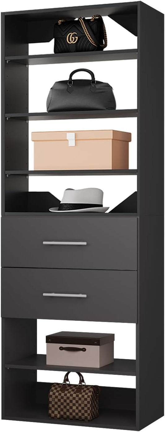 ROOMTEC Modular Closet System, 31.5" 2 Drawer Shelf Closet Tower Wall-Mounted Closet Organizer, Wooden Tower for Walk-In Closets, Wardrobe Storage Kit, Black