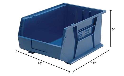 QUANTUM STORAGE SYSTEMS K-QUS255BL-1 Stack and Hang Plastic Bin Storage Container, 16 inch x 11 inch x 8 inch, Blue