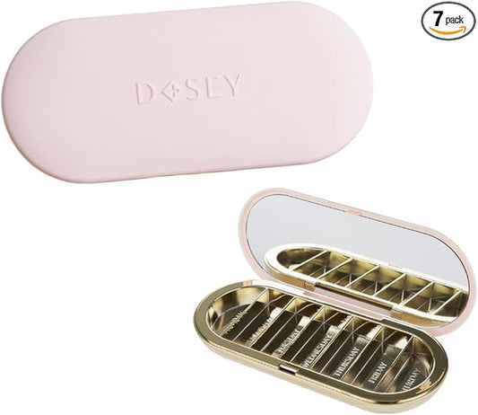 Dosey 7 Day Pill Compact Travel Pill Organizer - Pill Case with 7 Pill Compartments for Medicine Storage & Protection – Stylish & Elegant Medication Organizer with Mirror, Blush