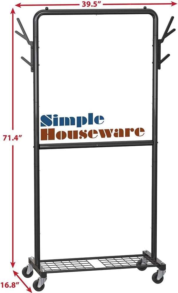 Simple Houseware Double Rod Garment Rack with Wheels and Hooks, Black