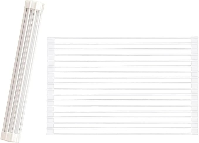 Roll Up Dish Drying Rack Over The Sink.Foldable Kitchen Drainer,Fully Silicone Cover Stainless Steel Bar,Heat-Resistant, Anti-Slip Sink Rack for Kitchen Counter Multipurpose.