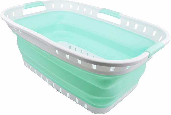 SAMMART 44L (11.62 gallon) Collapsible Plastic Laundry Basket - Foldable Pop Up Storage Container/Organizer - Portable Hamper - Space Saving (1, White/Light Green)