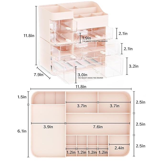 Pink Makeup Countertop Organizer,Large Capacity Make up Organizers for Vanity with 6 Drawer,Plastic Bathroom Skincare Organizers for Eyeshadow,Brush,Palettes,Perfume,Beauty Products,Skin Care Storage