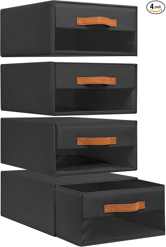 DIMJ Closet Organizers and Storage - Foldable Storage Bins with Drawers Fabric Stackable Storage Drawers with Clear Window,Fabric Clothes Organizers and Storage Drawers for Closet, 4-Pack, Black