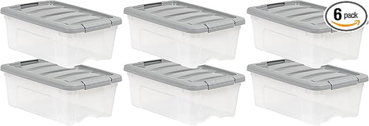 Amazon Basics Plastic Storage Containers with Secure Latching Lids, Stackable Organization Bins for Organizing, Clear/Grey, 12 Quart, Set of 6