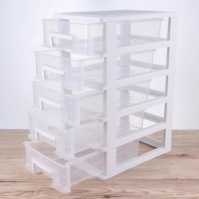 SAFIGLE Storage Drawer Organizer, 5 Drawer Plastic Storage Bins with Transparent Drawers, Vertical Design for Crafts, Stationary, Hardware, White, Polypropylene