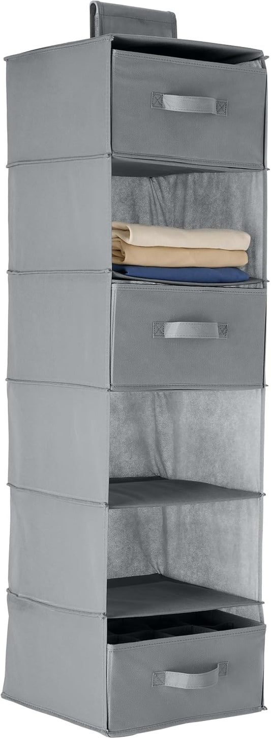 Amazon Basics 6-Tier Hanging Closet Organizer with Removable Drawers for Sweaters, 6.9"D x 13.6"W x 12.2"H, Grey