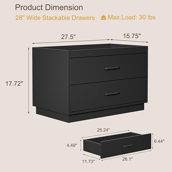 Stackable Storage with 2 Drawers, 28" Wide Storage Bins for Closet Organizers, Wood Stackable Closet Organizer Modern Large Stackable Storage Units for Living Room Hallway Bedroom, Black