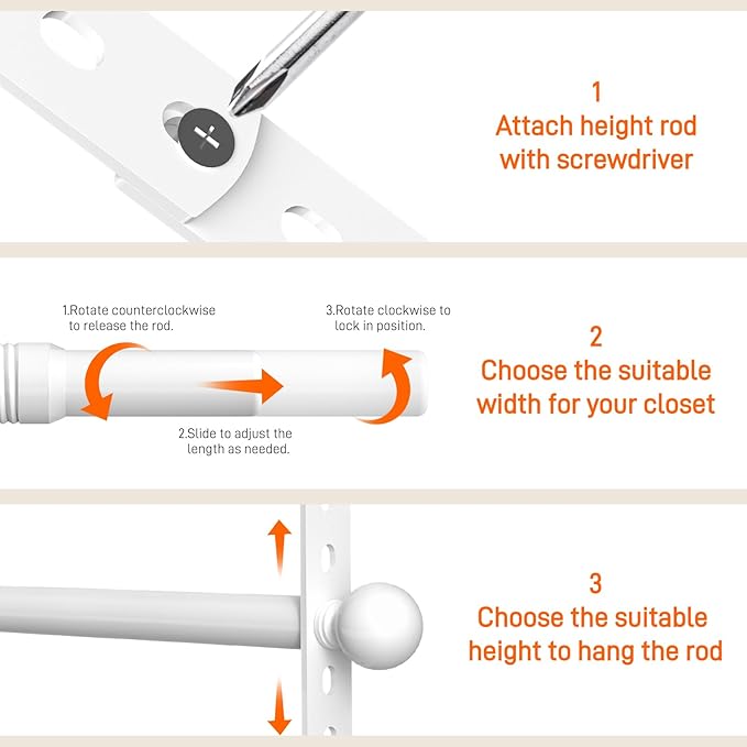 SUTINE Closet Rods for Hanging Clothes, Adjustable Closet Extender Hanging Rod, Space-Saving Closet Rod Extender Clothes Hanging Bar, Closet Poles for Hanging Clothes Organizer (White, 31.5-47.2 IN)