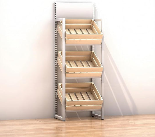 3/4 Tier Fruits & Vegetables Kitchen Shelf Rack Display,Retail Snack Stand, Large Solid Wood Floor Multi-layer Storage Frame for Commercial Supermarket(B-3 Tier)