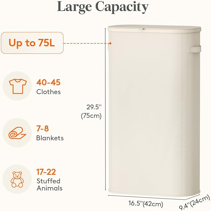 Lifewit 75L Slim Laundry Basket with Lid, Narrow Large Laundry Hamper with Plastic Handles and Removable Bag, Tall Foldable Dirty Clothes Hampers for Laundry Room, Bedroom, Bathroom, Dorm, White