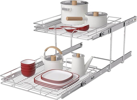 OCG 2 Tier Pull Out Cabinet Organizer (21.5" W x 18" D), Pull Out Shelves for Kitchen Cabinets, Slide Out Pantry Shelves for Base Cabinet Organization in Kitchen Bathroom Pantry, Chrome Finish