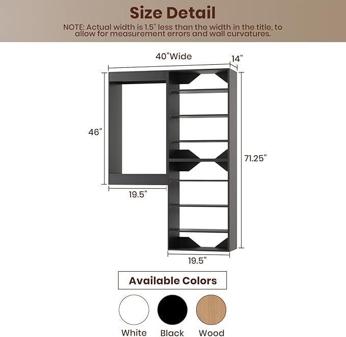 ROOMTEC Modular Closet System, 40" Wall-Mounted Closet Organizer with Hanging Rods and Shelves, Wooden Tower for Walk-In Closets, Wardrobe Storage Kit, Black