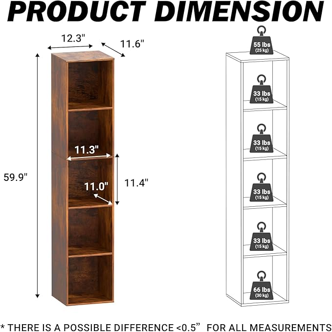 Cube Storage Organizer, 5 Cube Retro Bookshelf, Freestanding 5 Tier Open Shelf, Rustic Brown Retro Shelves for Home Office, Bedroom, Living Room, Study