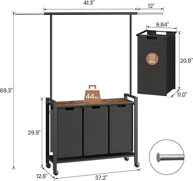 GarveeHome Laundry Sorter, Laundry Hamper 2-Section With Hanging Rack, Rolling Laundry Hamper With Removable Laundry Basket,Laundry Basket Organizer for Laundry Room, Rustic Brown