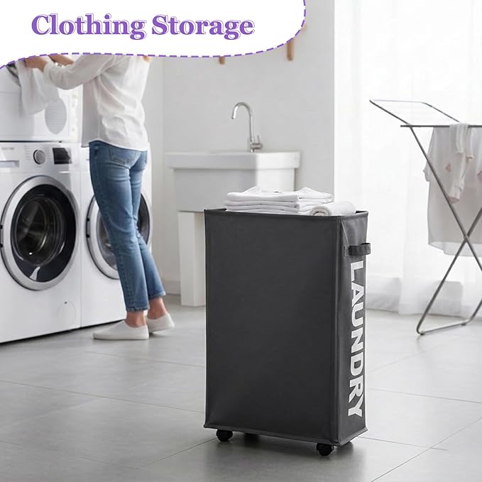 42L Narrow Rolling Laundry Basket, Slim Laundry Hamper with Wheels and Brake, Collapsible Skinny Laundry Cart for Dorm and Small Spaces, Dark Gray